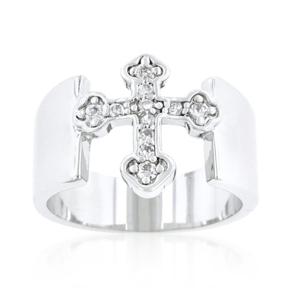 Divine Christian Open Band Cz Clear Cubic Zirconia Cross Silver Brass Ring